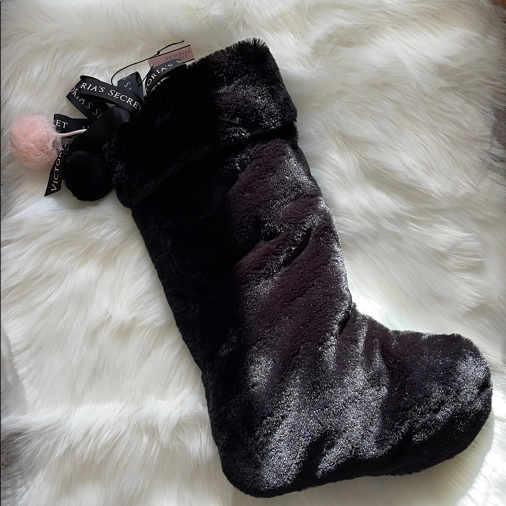 Victoria’s Secret Black Fuzzy Pom Pom Stocking